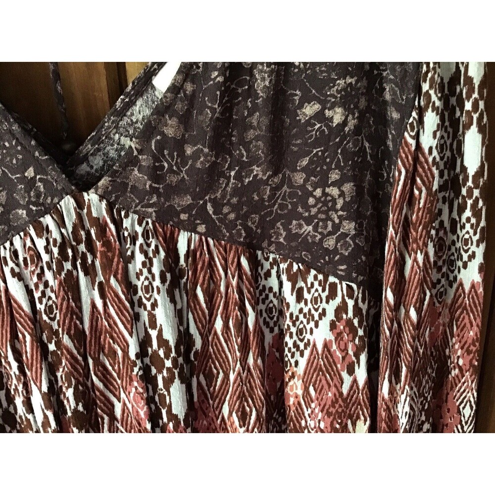 Knox Rose Top Size L Brown Batik Beaded Tassel Boho Hippie Casual Lightweight - Picture 3 of 8